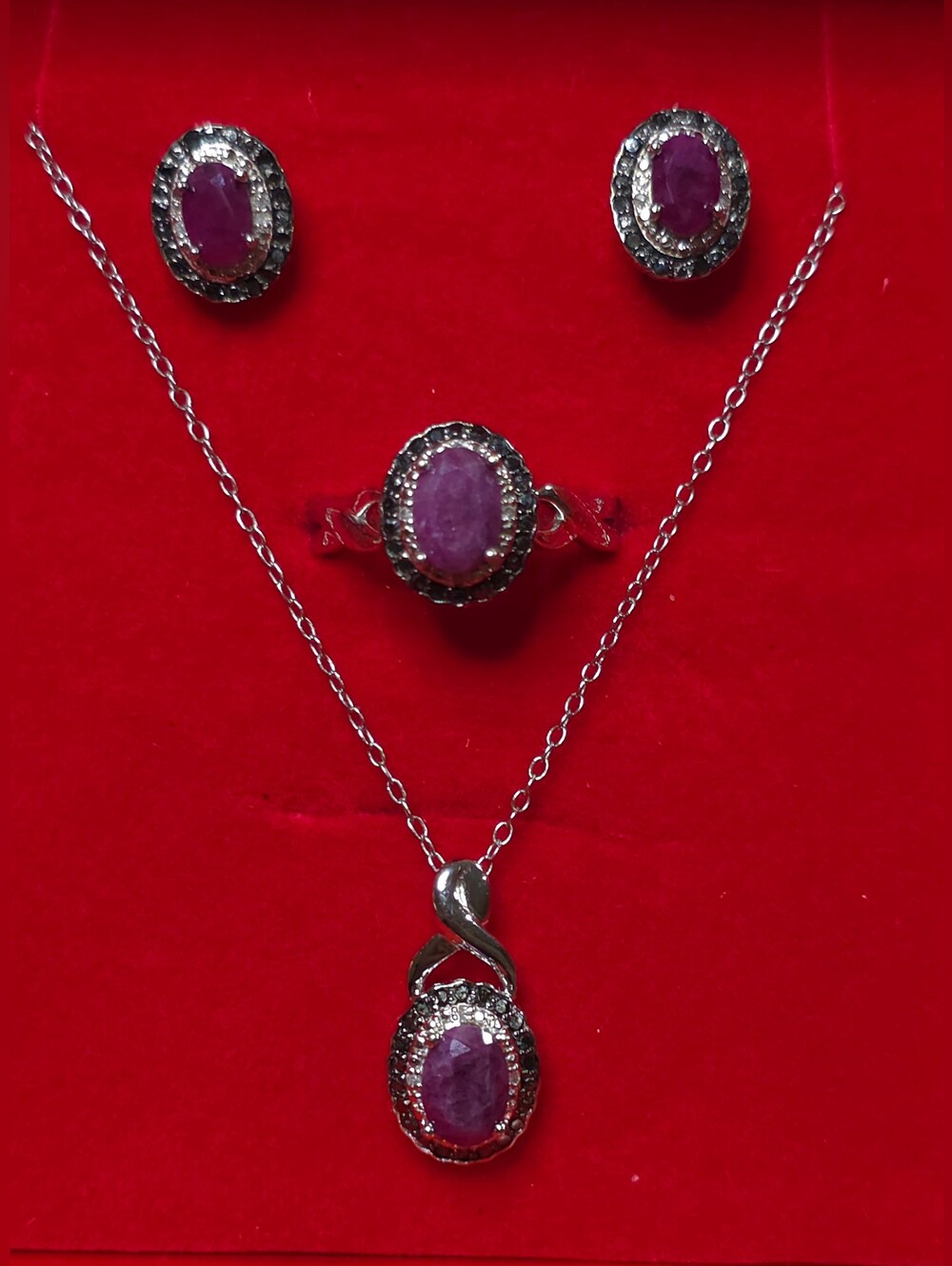 Genuine,natural ruby and diamond necklace,earrings and ring set. Sz 5 And 18 In